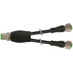 This Y-distributor cordset splits a single M12 male connection into two M12 female connections. It features a straight male end and two straight female ends, 4 pins, 0.34 sq mm wire, and a 3 m black PVC cable. Rated IP67, it is suited for flexing applications in industrial automation and sensor networks.