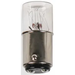 T3-1/4 tubular incandescent lamp with BA15d double-contact bayonet base. Operates at 12V AC and produces white light. Suitable for use in industrial signaling and indicator applications such as panel lights and annunciators.
