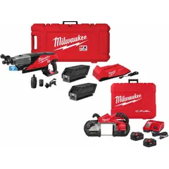 This M18 cordless combination kit includes a core drill and a portable band saw, operating on 18 V DC to 72 V DC. The core drill is suited for drilling in concrete and masonry, while the band saw cuts metal pipe and conduit. Typical applications include construction, plumbing, and electrical work where portable, cordless cutting and drilling are required.