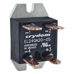 Panel-mounted solid state relay with SCR AC output, rated 24 to 280 VAC and 20 A maximum output current. DC input current 19 mA, Form A (SPST-NO) switch configuration, quick-connect terminals. Not finger safe; operation requires a heat sink. Suitable for switching AC loads in industrial control systems.
