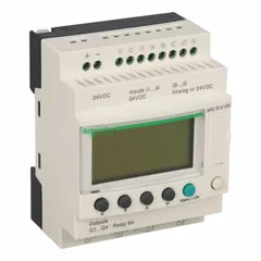 Smart relay with 4 analog inputs and 4 relay outputs, including a built-in clock. Operates on 24V AC or 24V DC power. Suitable for basic control applications such as lighting, HVAC, and small machine automation.