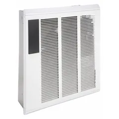 Large programmable recessed electric wall heater with dual wattage output of 1800 W and 4000 W. Operates on 208V AC, single-phase power. Features a white grille and 5-2 programming capability for scheduled temperature control. Rough-in dimensions: 18-3/16 in H x 14-1/4 in W x 3-7/8 in D. Suitable for supplemental heating in commercial or residential spaces.