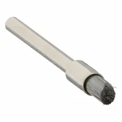 This light-cleaning brush from WEILER is designed for carbon steel surfaces. It features a 3/16 in diameter, 0.003 in fill diameter, and a 1/8 in shank. The crimped steel fill is suited for precision deburring and surface finishing in confined areas, typical for industrial maintenance and fabrication tasks.