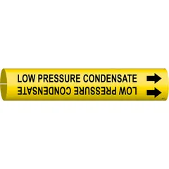 Yellow snap-on pipe marker with black legend reading 'Low Pressure Condensate' and directional arrows. Fits pipe outer diameters from 1-1/2 to 2-3/8 inches. Used to identify low pressure condensate lines in industrial piping systems.
