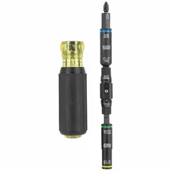 This combination multi-bit screw and nut driver features a quick-change mechanism and a cushion/molded grip. With a 10 in overall length, it is designed for driving nuts, Phillips, and slotted screws in general fastening tasks.