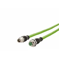 M12 connector-to-connector cordset with male straight plugs on both ends, X-coded for Ethernet. 5-meter length, green PUR jacket, IP6X rated. Cat7 performance category suitable for high-speed data transmission in industrial environments.