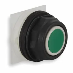 Momentary-action flush push-button operator from the 9001SK series. Green non-metallic push button for 30 mm mounting. Suitable for industrial control panel applications requiring a momentary start or reset function.