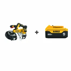 Brushless cordless band saw with 35 3/8 in blade length and 3 3/8 in maximum cutting capacity. Includes one DCB205 battery; charger not included. Dual trigger design. Suitable for cutting metal, conduit, and pipe in construction, plumbing, and electrical applications.