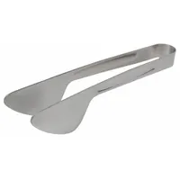 These 8-inch serving tongs are constructed from stainless steel with a silver finish. They are dishwasher safe and feature stainless steel handles and blades. Suitable for buffet service, plating, and general food handling in commercial kitchens