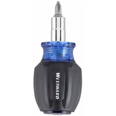 This multi-bit screw and nut driver features a ball bearing design for smooth operation. It includes 6 tips, accommodating Phillips and slotted screws as well as 1/4 in and 5/16 in hex nuts. With a 3 1/4 in overall length, it is suited for assembly, maintenance, and repair tasks in industrial, automotive, and workshop settings.