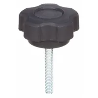 Five-arm hand knob with threaded stud for manual adjustment and clamping on industrial machinery, jigs, and fixtures. Plastic body with steel thread provides a comfortable grip and secure fastening. Diameter 1.36 in, thread size 5/16"-18