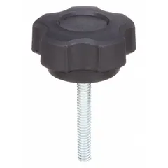 Five-arm hand knob with threaded stud for manual adjustment and clamping on industrial machinery, jigs, and fixtures. Plastic body with steel thread provides a comfortable grip and secure fastening. Diameter 1.36 in, thread size 5/16"-18.