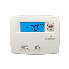 Manual changeover digital thermostat for heat or cool applications. Operates on 20V AC with push-button controls, auto-on fan settings, and system settings of Cool-Heat-Off. Features change filter reminders, temperature control range of 45° to 99°F, and temperature differential of 0.6° to 1.7°F. Terminal designation C. Horizontal mounting.