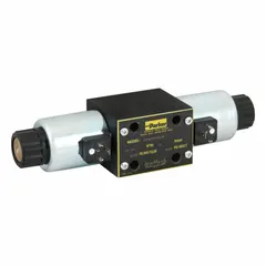This solenoid-operated directional control valve is a D05 NFPA size, three-position, manifold-mounted unit with a maximum flow rate of 39.6 gpm. It includes a manual override for manual actuation. Typical applications include directing fluid flow in hydraulic systems for industrial machinery and mobile equipment.