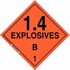 Class 1: Explosives placard measuring 10 3/4 in x 10 3/4 in with a label height of 10 3/4 in. Displays 'Explosives 1.4 B 1' for identifying containers holding Division 1.4B explosives in compliance with hazardous material transportation regulations.