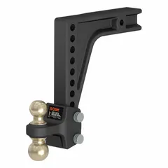 This adjustable ball mount from CURT is designed for towing trailers, boats, and campers. It features a 2 in or 2 5/16 in ball diameter and a 2 1/2 in compatible ball shank diameter. Constructed from carbon steel with a powder-coated finish and yellow zinc trailer balls, it includes a clip and is vibration-resistant.
