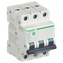 C60SP series supplementary protector with C-curve trip characteristic, 3 poles, rated 63 A. Interrupting capacity 10 kA at 240 V AC; AC voltage rating 240/415/440 V. Screw clamp terminals. UL1077 listed for DIN rail mounting. Suitable for overcurrent protection in branch circuits of control panels, HVAC equipment, and machinery.