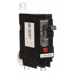 Single-pole, 20 A bolt-on miniature circuit breaker rated 120V AC with ground fault equipment protection. Maximum AIR rating of 22kA at 120V AC. For use with Siemens P1 panelboards in electrical distribution systems requiring overcurrent and ground fault protection.