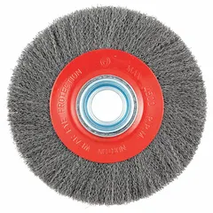 Crimped steel wire wheel brush for light cleaning of carbon steel surfaces. Removes rust, scale, and light burrs without aggressive cutting. Suitable for surface preparation and finishing in metal fabrication and maintenance. Specifications: 8 in diameter, 5/8 in width, 1 1/4 in arbor, 0.014 in fill diameter.