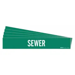 Green adhesive pipe marker with white 'Sewer' legend, designed for pipes 8 inches and larger in outside diameter. Suitable for identifying sewer lines in industrial, commercial, and municipal piping systems. Pack of 5 markers, each without directional arrows.