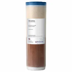 Water purification cartridge with polyester construction and CG8H media. Flow rate of 0.8 lpm, overall diameter 2 1/2 in. Used in deionization systems to remove dissolved ions for applications requiring purified water.
