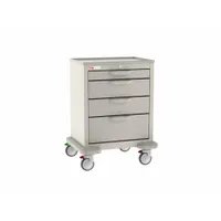 Steel cart with taupe cabinet and white drawers, configured with (2) swivel and (2) swivel with brake casters. Used in healthcare facilities to organize and transport medical supplies, instruments, and equipment