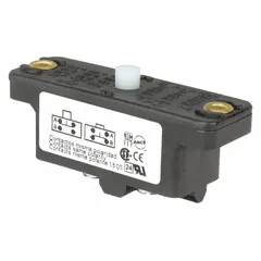 Plunger-actuated snap-action switch with 1 normally open and 1 normally closed contact configuration. Screw-type electrical connection. Rated for 10 A at 240 V AC. Used for position sensing and limit control in industrial automation, packaging machinery, and conveyor systems.