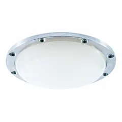 Round LED light with steel housing and NEMA 1 rating for indoor commercial and industrial applications requiring impact and dust resistance. Operates at 120/277V AC, 42W, 2700K color temperature. No emergency battery backup.