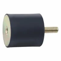 Cylindrical vibration isolator with male x female connection. Body made of natural rubber. Used to dampen vibration and reduce noise transmission in industrial equipment such as pumps, compressors, and conveyors
