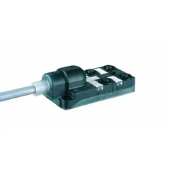 This passive sensor junction block with homerun cable consolidates multiple sensor signals in industrial automation. It features 4 ports with 5-pole M12 female connectors, a 5-meter gray PUR/PVC cable, and an IP67-rated plastic housing.