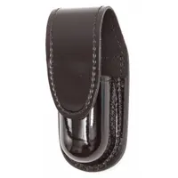 This aerosol pouch is a pepper spray holster constructed from high gloss synthetic polymer in black. It features a snap closure for secure retention and is designed for carrying standard aerosol canisters in security and law enforcement applications