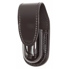 This aerosol pouch is a pepper spray holster constructed from high gloss synthetic polymer in black. It features a snap closure for secure retention and is designed for carrying standard aerosol canisters in security and law enforcement applications.