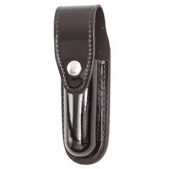 This duty equipment pouch is designed to carry a flashlight securely. Made of black synthetic polymer with a high-gloss finish, it features a snap closure for quick access. Suitable for use by security and law enforcement personnel.