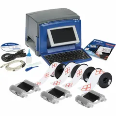 This PC-connected, single-color thermal transfer desktop printer is configured for producing labels. It includes Brady Workstation software, three black print ribbons, and six cleaning kits. Typical applications include labeling in industrial facilities and laboratories.