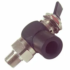 Three-way, normally closed manual air control valve with toggle actuator and detent operation. Brass body with 1/8 in x 10-32 Female NPT ports and closed center position. Used to direct or block compressed air in pneumatic systems.
