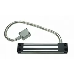 Gate magnetic lock from the ALARM CONTROLS Series 600, constructed of steel. Measures 1 9/32 inches in height and 1 1/8 inches in width. Features an instantaneous release delay for quick egress. Used in access control and security applications to secure gates via electromagnetic force.