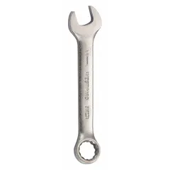 Alloy steel combination wrench with a satin finish and offset design. Features a 12-point, 11 mm head and a 4-inch overall length. Used for tightening or loosening 11 mm fasteners in mechanical and industrial settings.