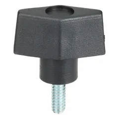 T-handle knob with a plastic body and a steel threaded stud. Features a #10-24 thread size and 0.5-inch thread length. Used for manual adjustment and fastening in industrial equipment, jigs, fixtures, and machinery.