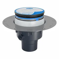 This ZURN height adjustable floor drain is constructed of PVC with a solvent weld connection for 4 in nominal pipe size. It features a 5 in silver grate and includes a stainless steel mesh screen. The drain is designed for installation in concrete floors to collect and remove surface water in commercial and industrial settings.