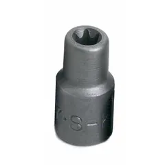 This 1/4" drive external Torx hand socket is designed for E6 size fasteners. It features a standard length and a chrome finish. Commonly used in automotive repair, machinery maintenance, and industrial assembly for tightening or loosening external Torx bolts.