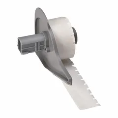 Vinyl wraparound label with white matte finish, sized 3/4 in x 1/4 in, designed for wire gauges 16 AWG to 10 AWG. Compatible with M710 printer series and requires M7-R4300 ribbon. Used for cable marking, panel labeling, and maintenance tagging in industrial settings.