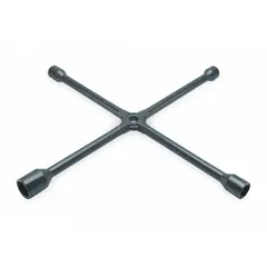 Cross lug wrench with four SAE wrench head sizes: 13/16 in, 1-1/16 in, 1-1/4 in, and 1-1/2 in. Features 6-point sockets and electrostatic paint finish. Includes leverage bar hole. Designed for standard lug nuts on buses.