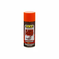 High-heat enamel for exhaust systems, headers, inside heads, and piston domes. Flat orange finish with smooth texture. Covers 12 sq ft per can. Compatible with inside heads