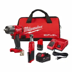 Two-tool cordless combination kit operating on 12 V DC or 18 V DC voltage. Includes M12 and M18 batteries. Suitable for fastening, drilling, and light demolition tasks in automotive repair and maintenance.