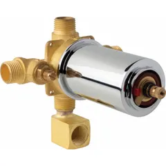Shower valve with thermostatic/pressure balancing cartridge. Overall length 5 1/4 inches. Compatible with Universal series and Universal product type. Used in bathtub and shower installations to control water flow and temperature.