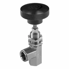 316 stainless steel angle-body needle valve with integral bonnet, regulating stem, and plastic knob handle. Female NPT connections on both sides (FNPT x FNPT). Designed for liquid media in industrial piping systems requiring precise flow control and shut-off. Complies with ISO 15848-1.