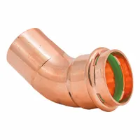 This copper press tube fitting changes the direction of a plumbing line by 45 degrees. It is sized 1 1/2 in CTS x 1 1/2 in CTS and features a seal window for visual confirmation of proper insertion before pressing. Suitable for potable water, hydronic heating, and other industrial piping applications