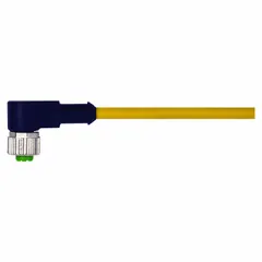 Single-ended cordset with yellow PUR jacket for twisting applications. One end has an M12 female right-angle connector, the other end is bare wire. Features 5 pins, 22 AWG wire, 3 m cable length, and 4 A maximum current. Rated IP66K for protection against dust and high-pressure water jets.