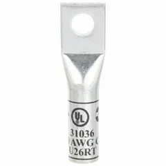 One-hole compression lug for terminating 400 kcmil stranded copper wire onto a 1/2 in stud. Made of copper with a long barrel design for secure crimping. Used in electrical panels, switchgear, and heavy machinery connections.