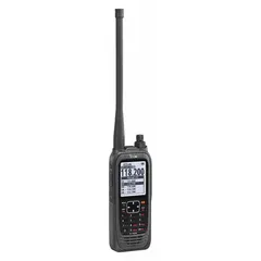 VHF analog handheld aviation radio with 300 channels, 6 W output, and alphanumeric display. Transmitter operates from 118 MHz; receiver up to 136.992 MHz. Battery life of 10 hours. FCC license required. Used for air-to-ground and air-to-air communication.